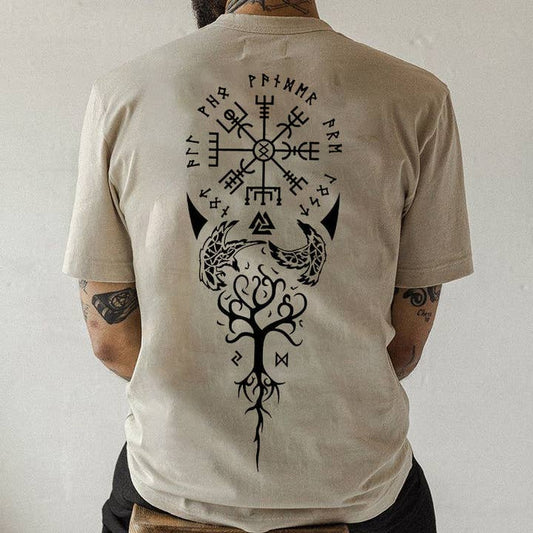 Viking Retro Culture Cotton T-Shirt Men's Khaki Color Tee