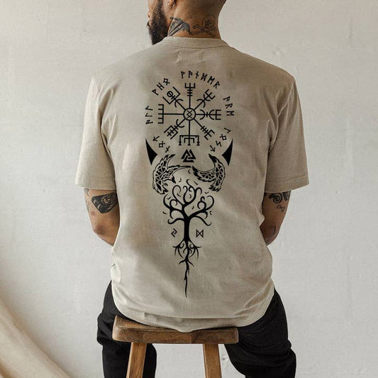 Viking Retro Culture Cotton T-Shirt Men's Khaki Color Tee